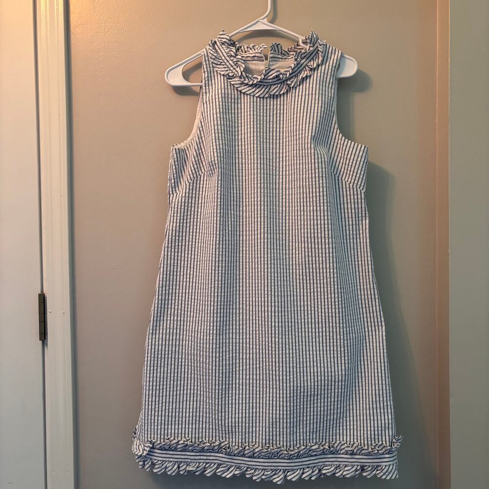 Eliza J. Sleeveless Blue Stripe Seersucker Ruffle Nautical Dress Sz 12